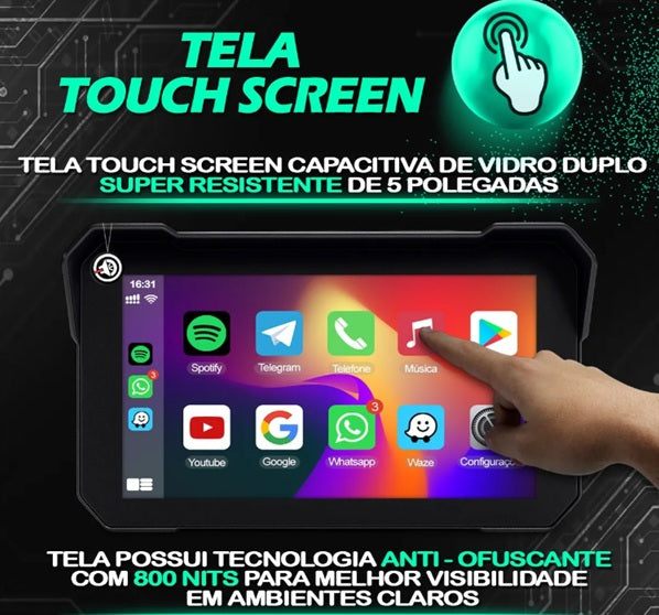 Central Multimídia para Moto Aikon C5 – Tela HD 5", CarPlay & Android Auto Sem Fio, Impermeável IPX7